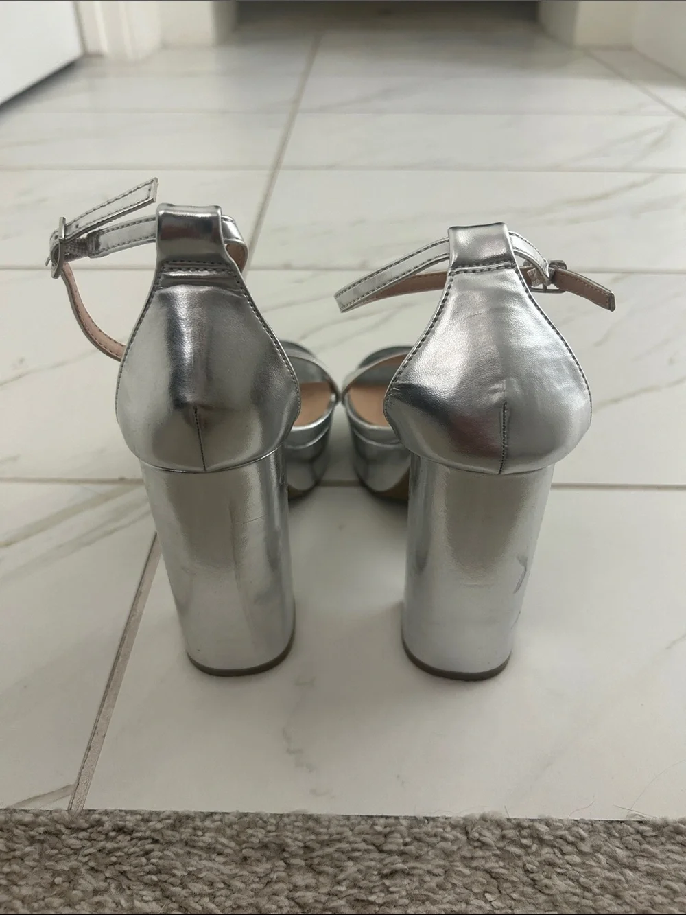 Lulu's Silver Metallic Block Heel Sandals with Ankle Strap